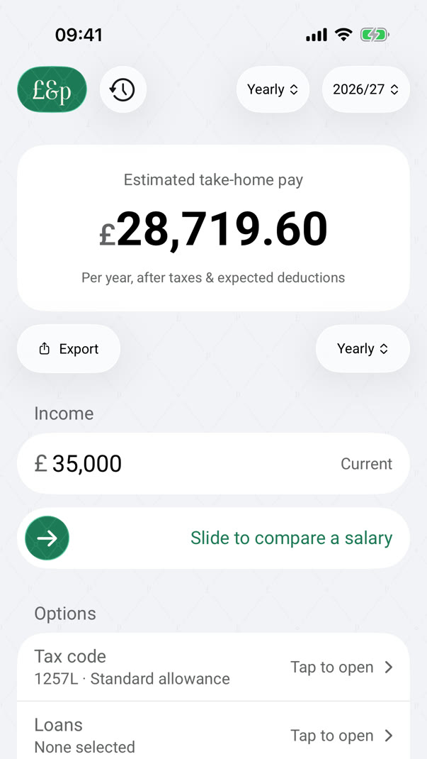 Pounds & Pence showing £28,719.60 a year take-home pay from a £35,000 salary